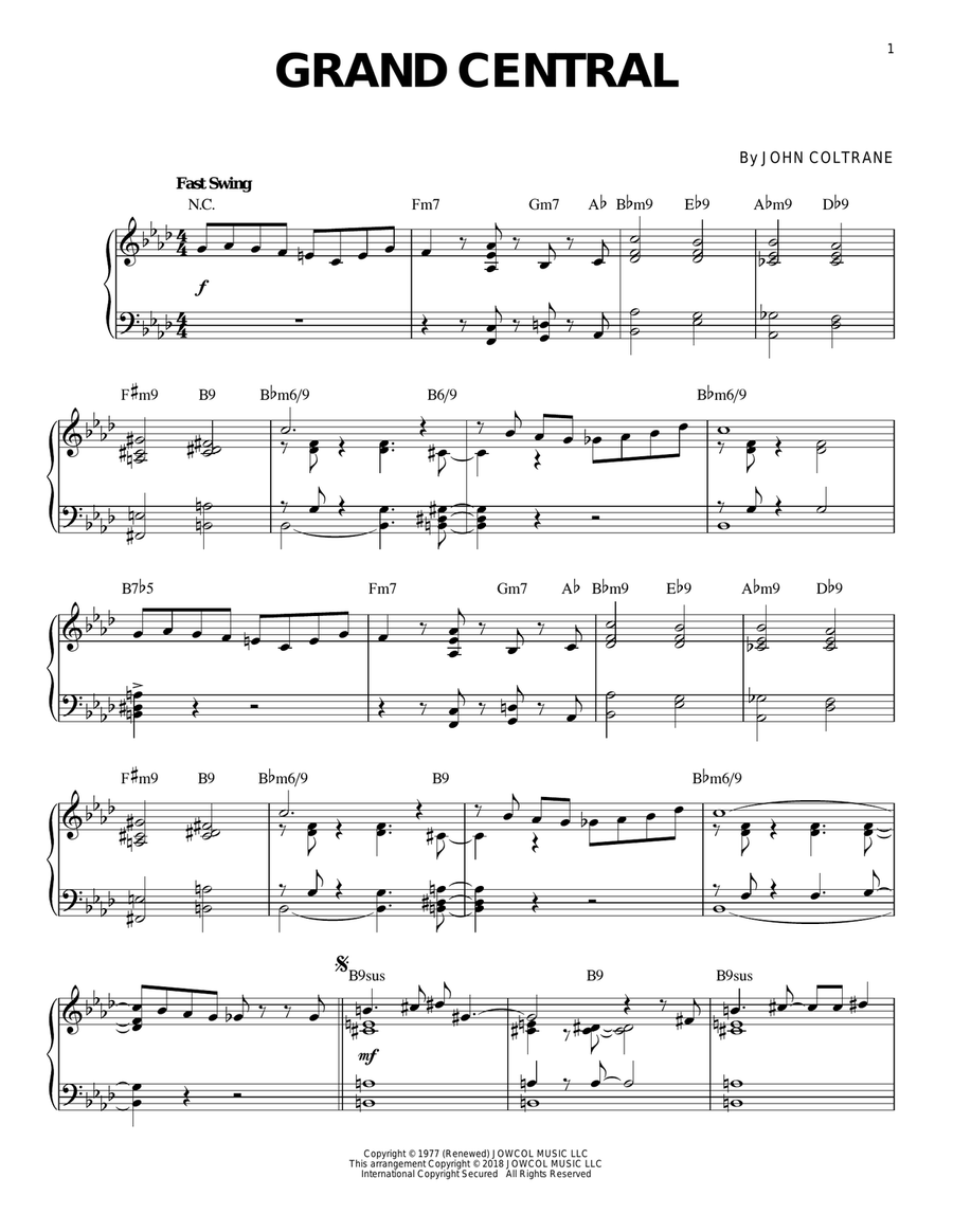 Grand Central [Jazz version] by John Coltrane Piano Solo - Digital Sheet Music