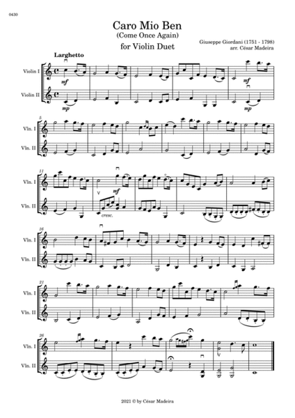 Caro Mio Ben (Come Once Again) for Violin Duet (Full Score and Parts) image number null
