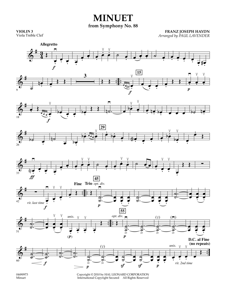 Minuet (from Symphony No. 88) - Violin 3 (Viola Treble Clef)