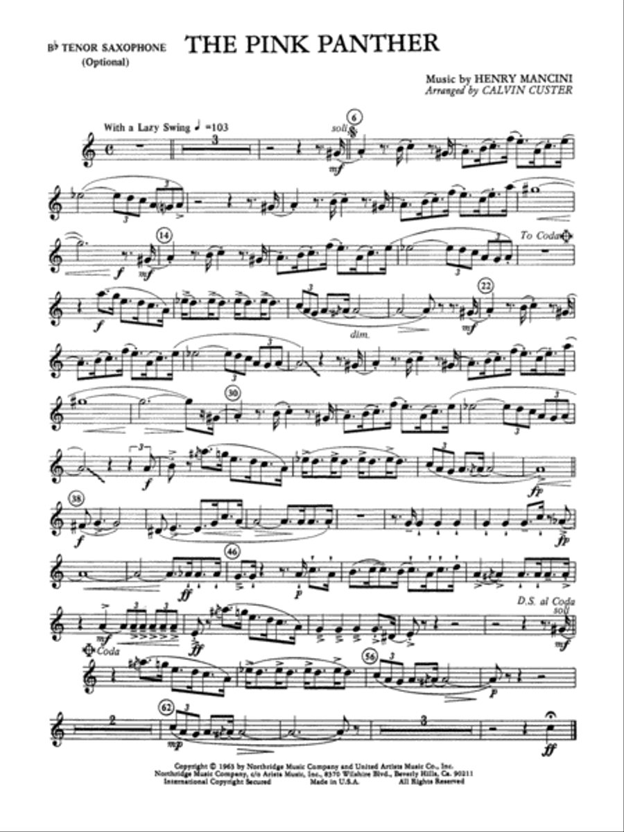 Pink panther new arrivals sax sheet music