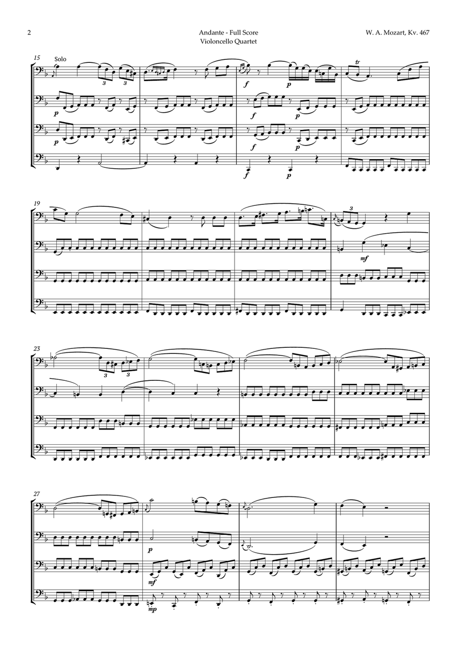 Andante from Piano Concerto No. 21 by Mozart for Cello Quartet String Quartet scores gallery preview page 2