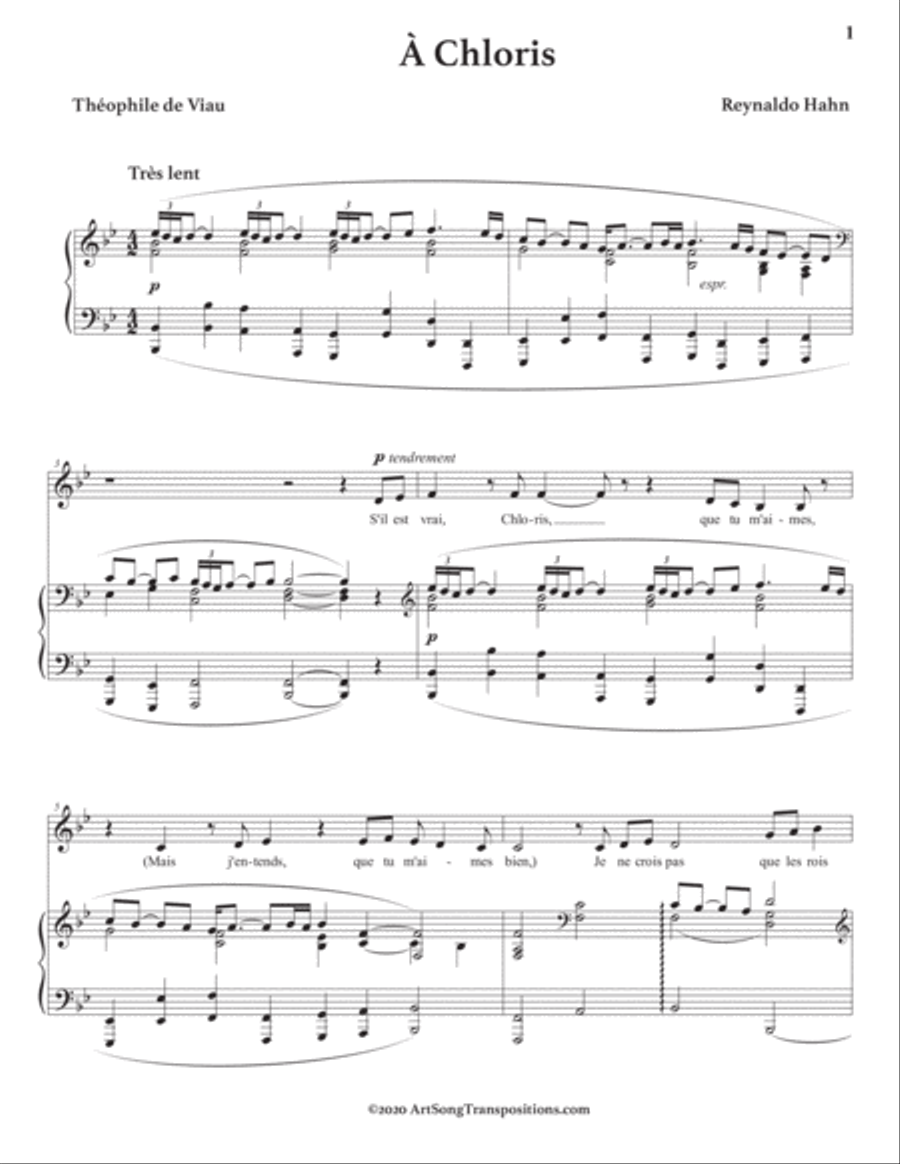 HAHN: À Chloris (transposed to B-flat major) Voice scores gallery preview page 2