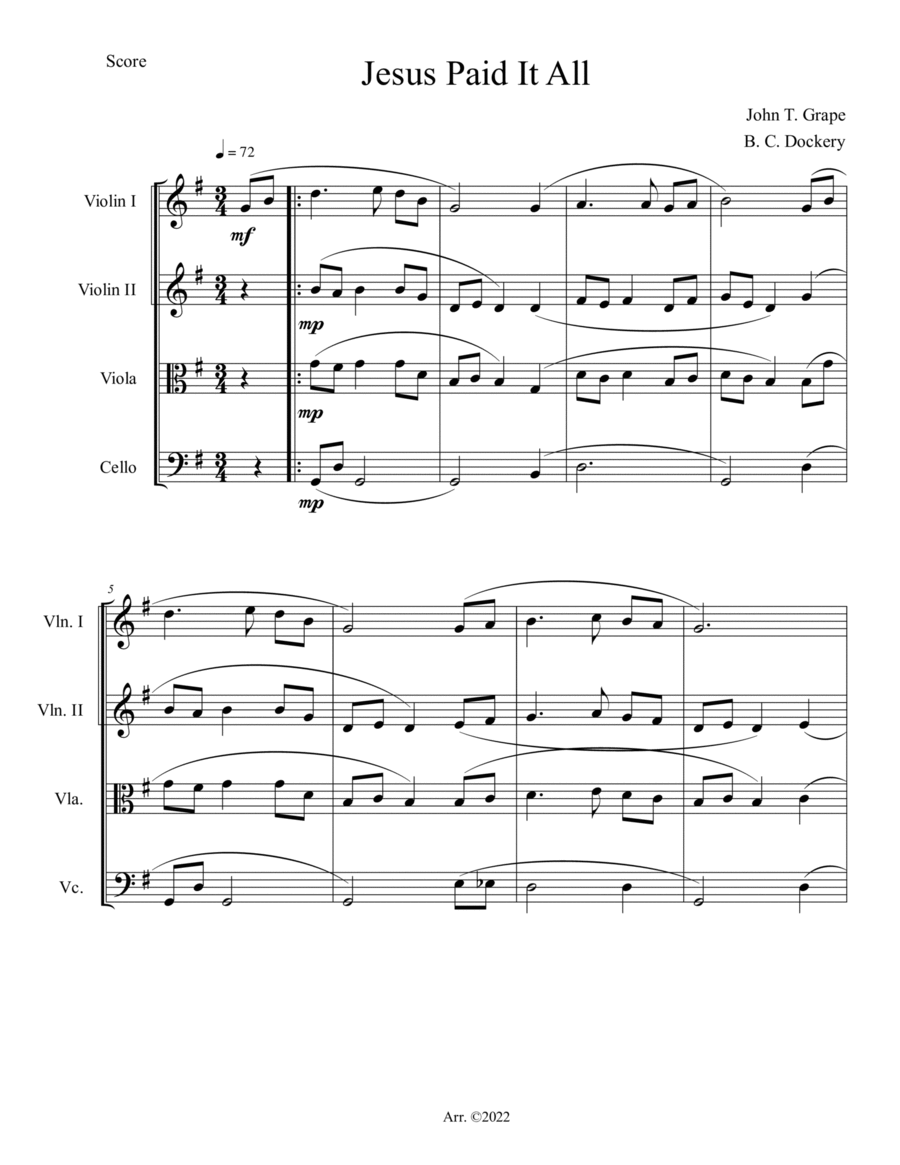 Jesus Paid It All (String Quartet) String Quartet scores gallery preview page 1
