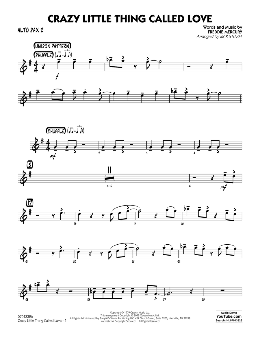 Crazy Little Thing Called Love (arr. Rick Stitzel) - Alto Sax 2 Jazz Ensemble scores gallery preview page 1