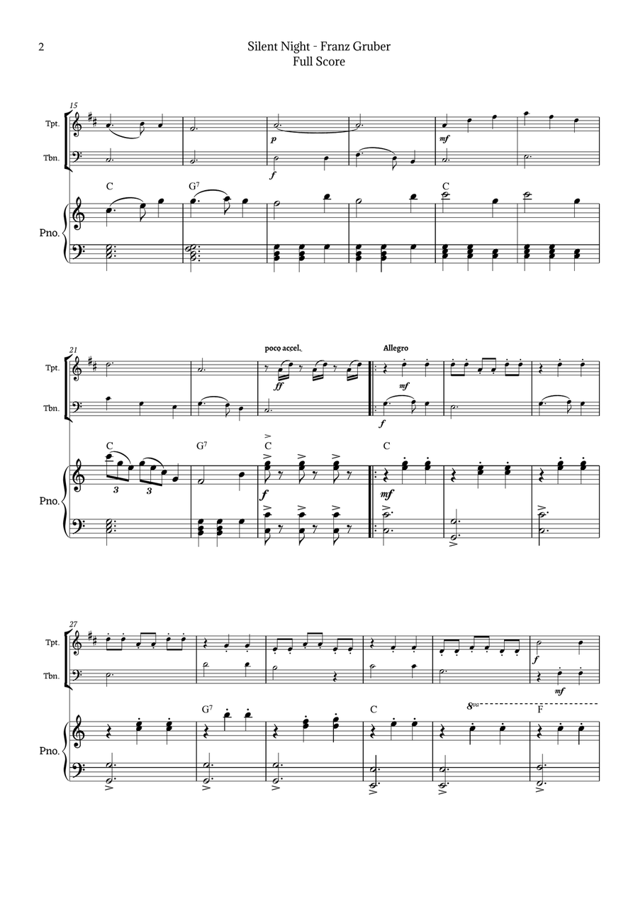 Silent Night for Trumpet and Trombone Duet with Piano Brass Duet scores gallery preview page 2