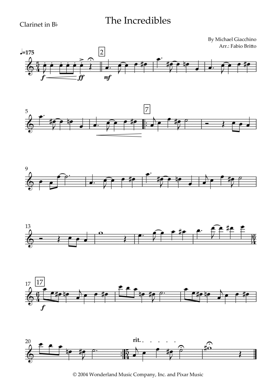 The Incredibles (main Theme) B-Flat Clarinet scores gallery preview page 1