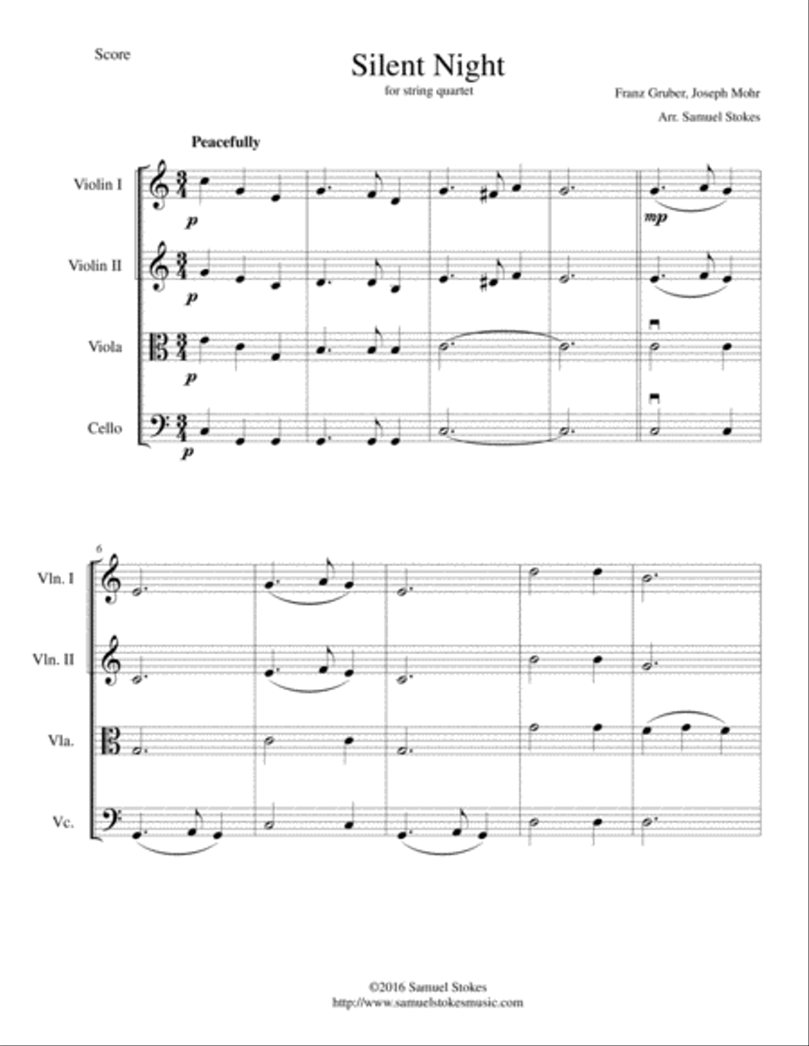 Silent Night - beautiful arrangement for string quartet String Quartet scores gallery preview page 1