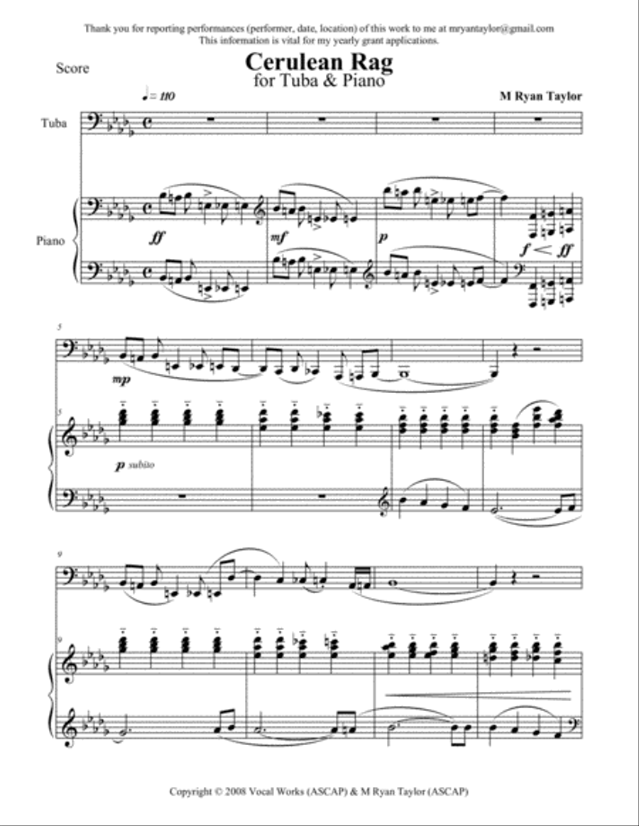 Cerulean Rag for Tuba and Piano Tuba scores gallery preview page 1