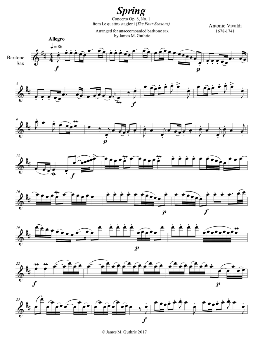 Vivaldi - The Four Seasons: Spring for Solo Baritone Sax Baritone Saxophone scores gallery preview page 1