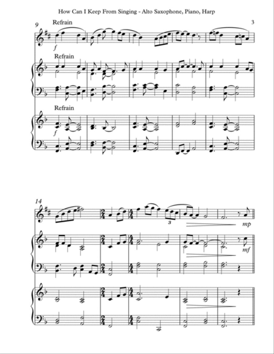 How Can I Keep From Singing, Trio for Eb Alto Saxophone, Piano & Harp Alto Saxophone scores gallery preview page 3