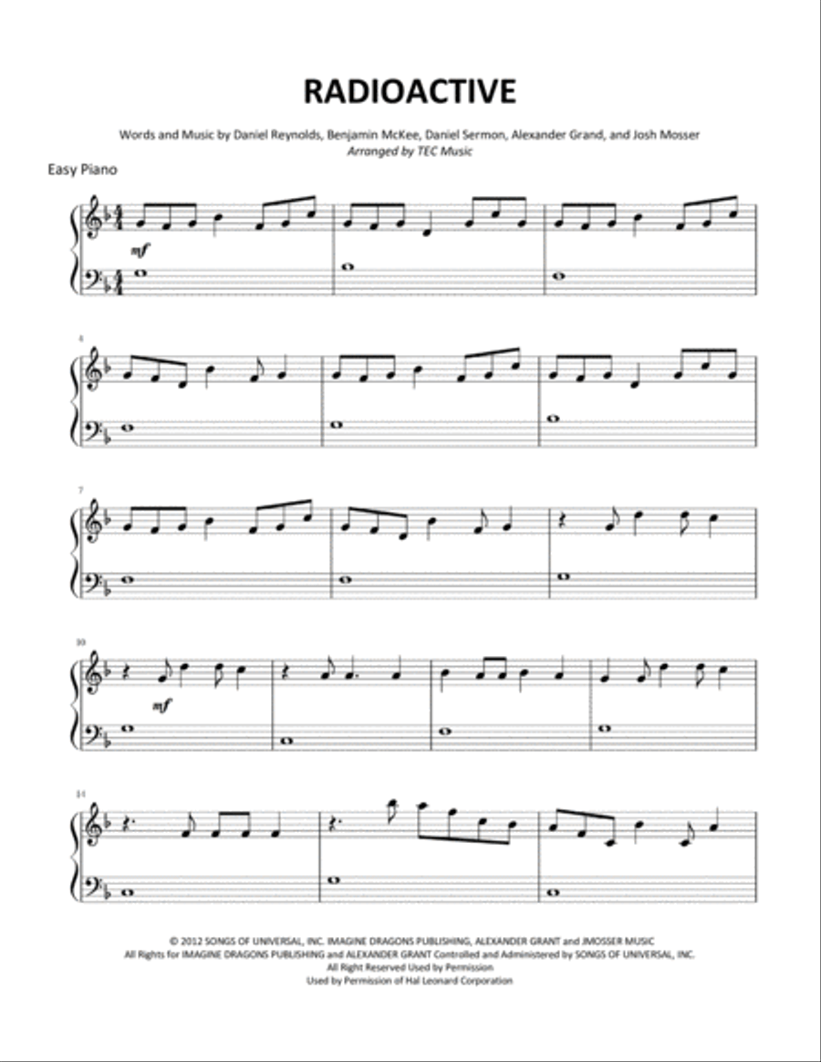 Radioactive Easy Piano scores gallery preview page 1