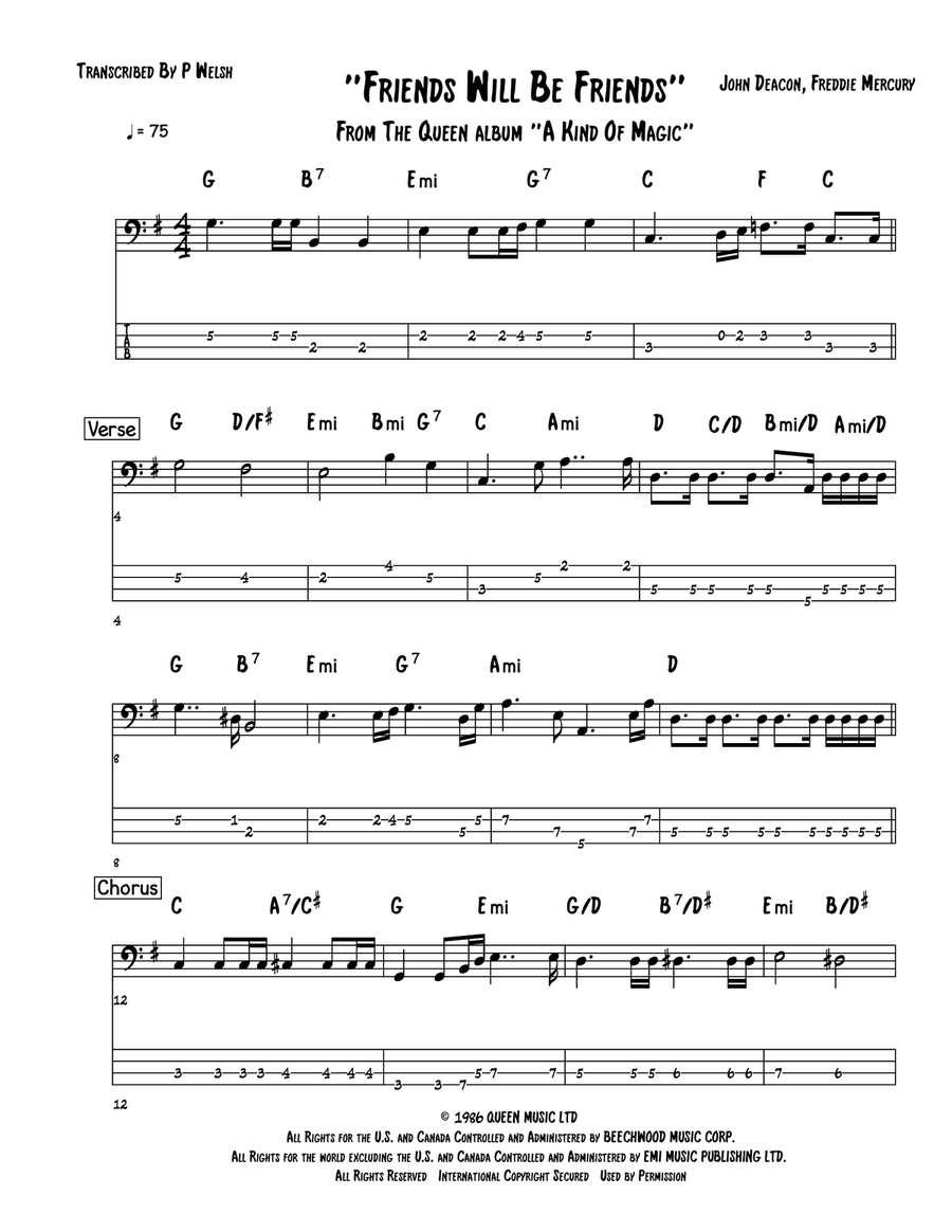 Friends Will Be Friends Friends Will Be Friends Bass Guitar Tablature scores gallery preview page 1