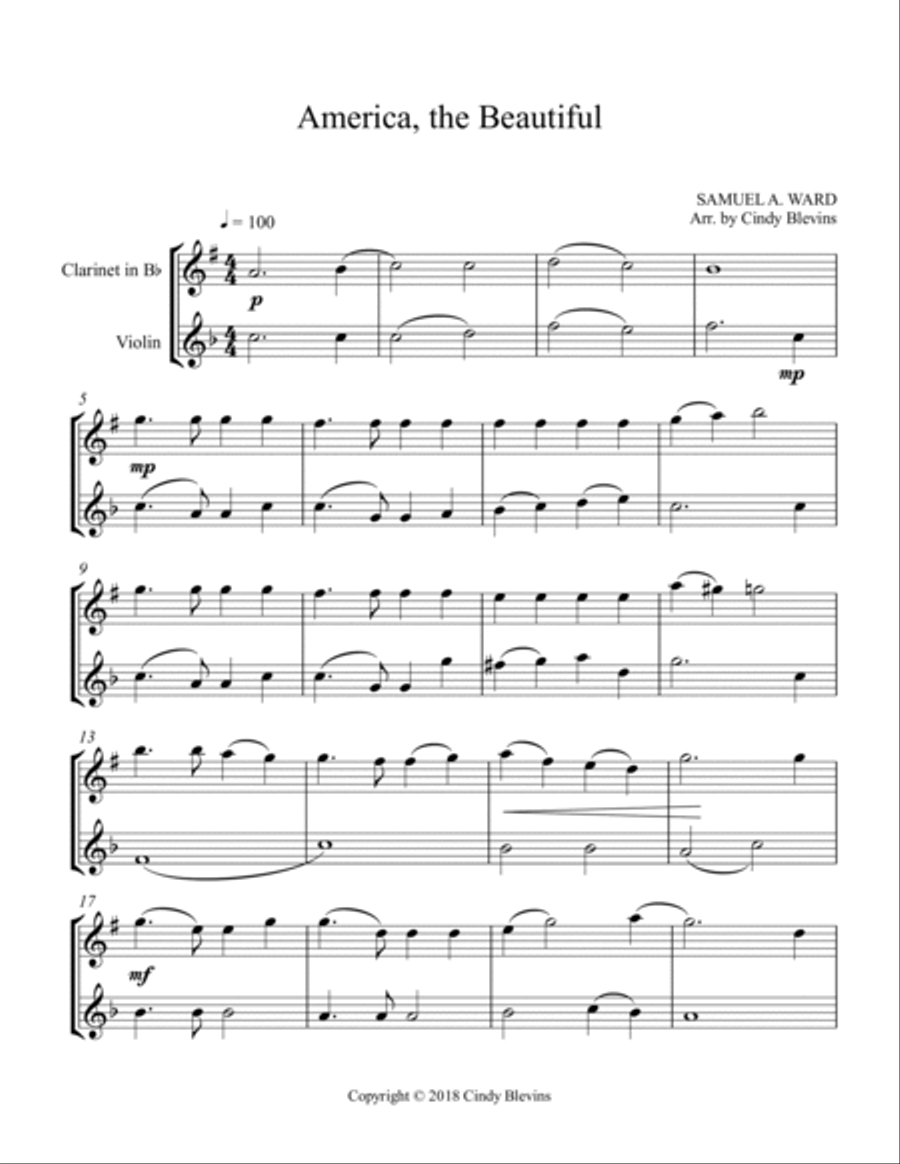America, the Beautiful, Clarinet and Violin Clarinet scores gallery preview page 2