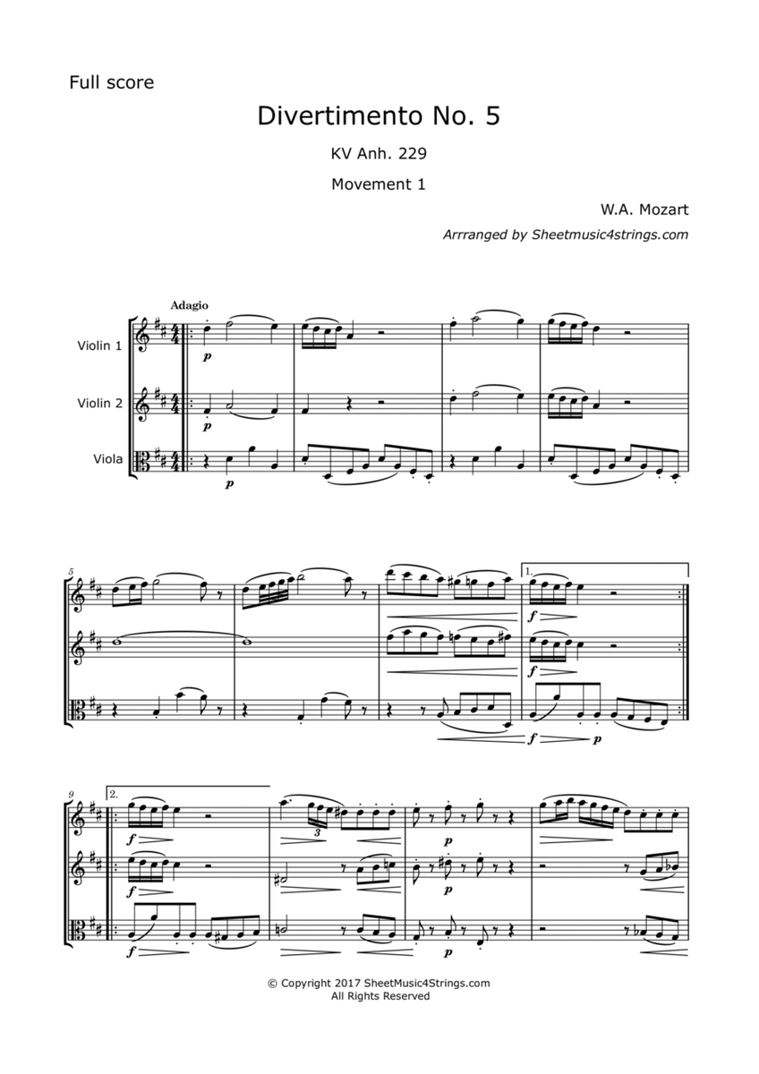 Mozart, W.A. - Divertimento No. 5, KV. 229 for 2 Violins and Viola image number null