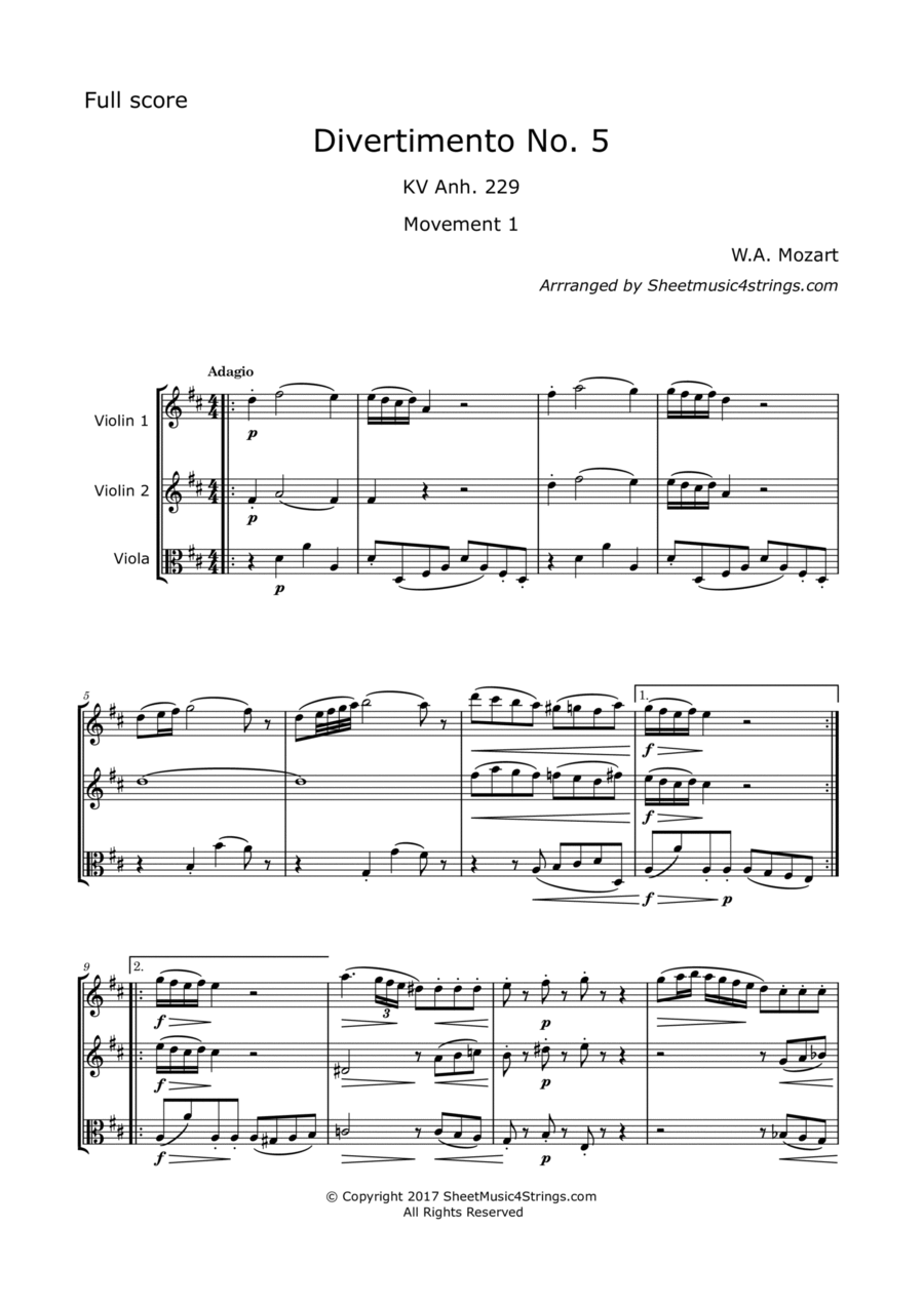 Mozart, W.A. - Divertimento No. 5, KV. 229 for 2 Violins and Viola String Trio scores gallery preview page 1