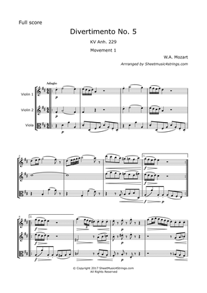 Book cover for Mozart, W.A. - Divertimento No. 5, KV. 229 for 2 Violins and Viola