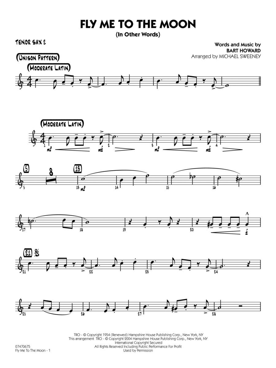 Fly Me To The Moon (In Other Words) (arr. Michael Sweeney) - Tenor Sax 2 Jazz Ensemble scores gallery preview page 1