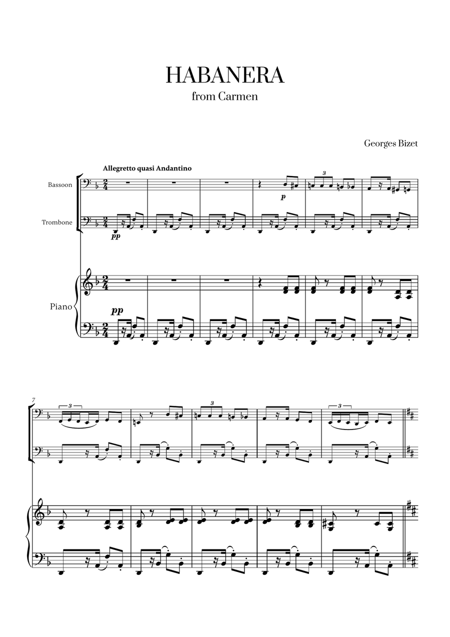 Georges Bizet - Habanera (from Carmen) (for Bassoon, Trombone and Piano) Trombone Duet scores gallery preview page 1