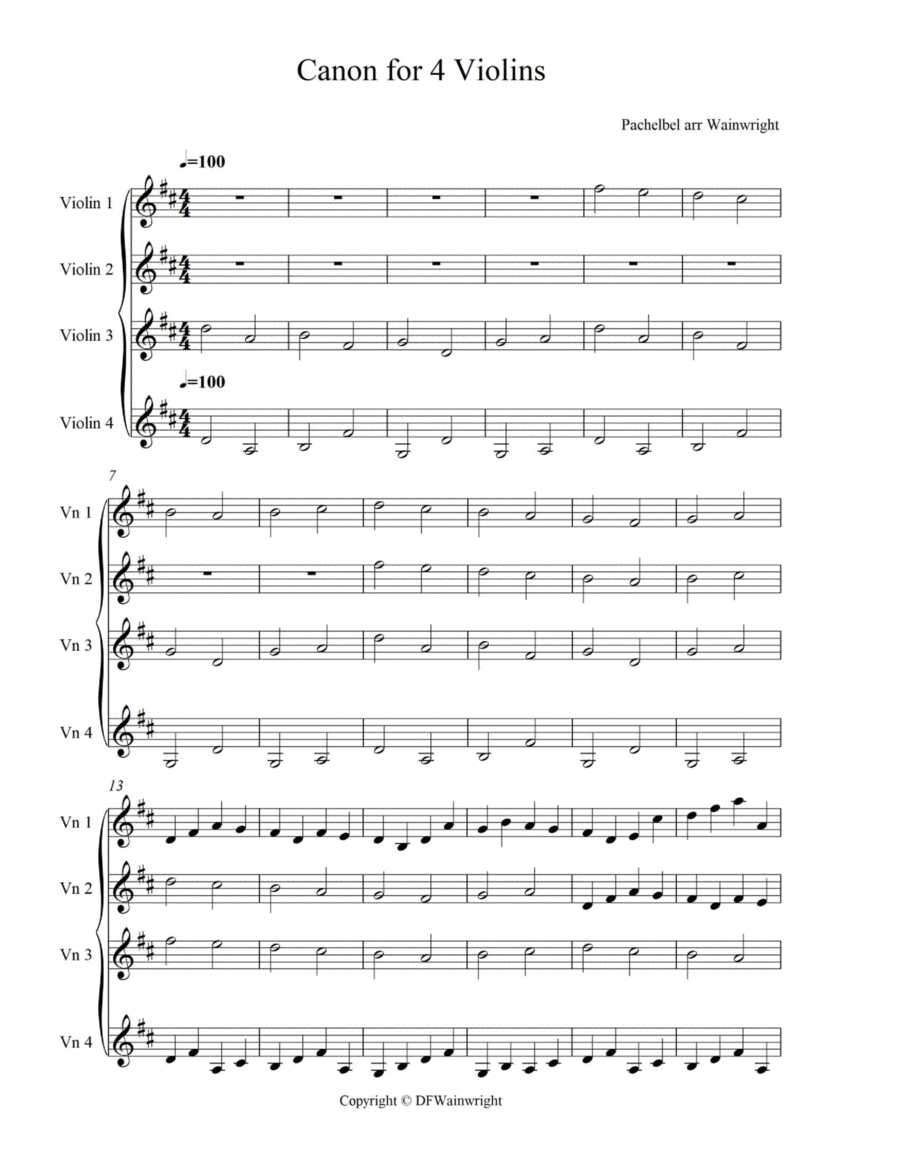 Pachelbel Canon arranged for four violins image number null