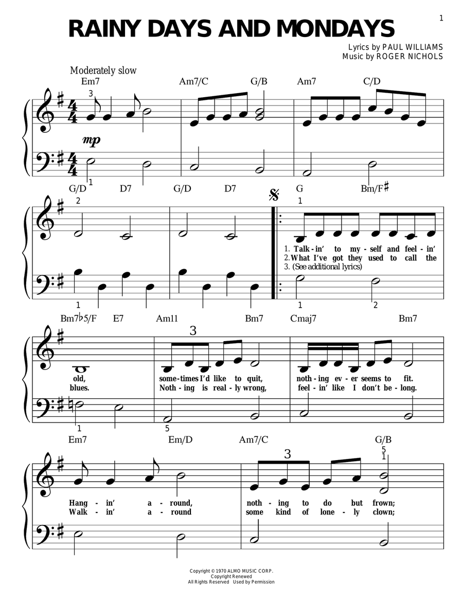 Rainy Days And Mondays Easy Piano scores gallery preview page 1