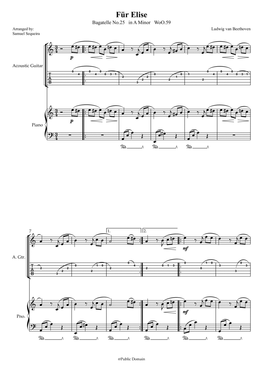 Für Elise (For Elise) - for Guitar (Tab) and Piano accompaniment - with Piano Play along Acoustic Guitar scores gallery preview page 1
