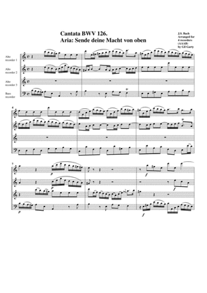 Book cover for Aria: Sende deine Macht von oben, from cantata BWV 126 (arrangement for 4 recorders)