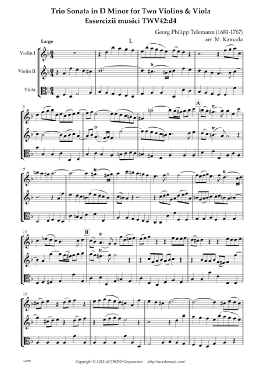 Trio Sonata in D Minor for Two Violins & Viola Essercizii musici TWV42:d4 String Trio scores gallery preview page 1