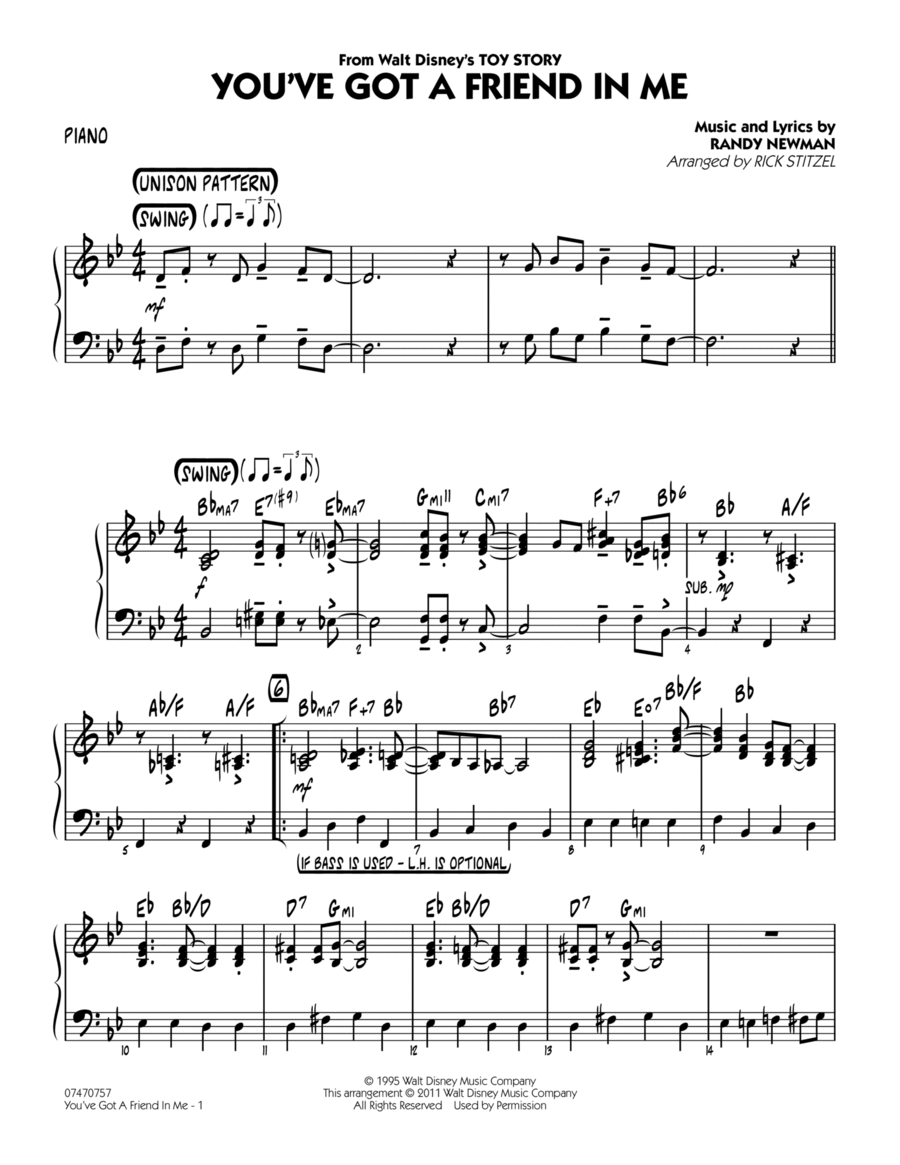 You've Got A Friend In Me (Wheezy's Version) (from Toy Story 2) (arr. Rick Stitzel) - Piano Jazz Ensemble scores gallery preview page 1