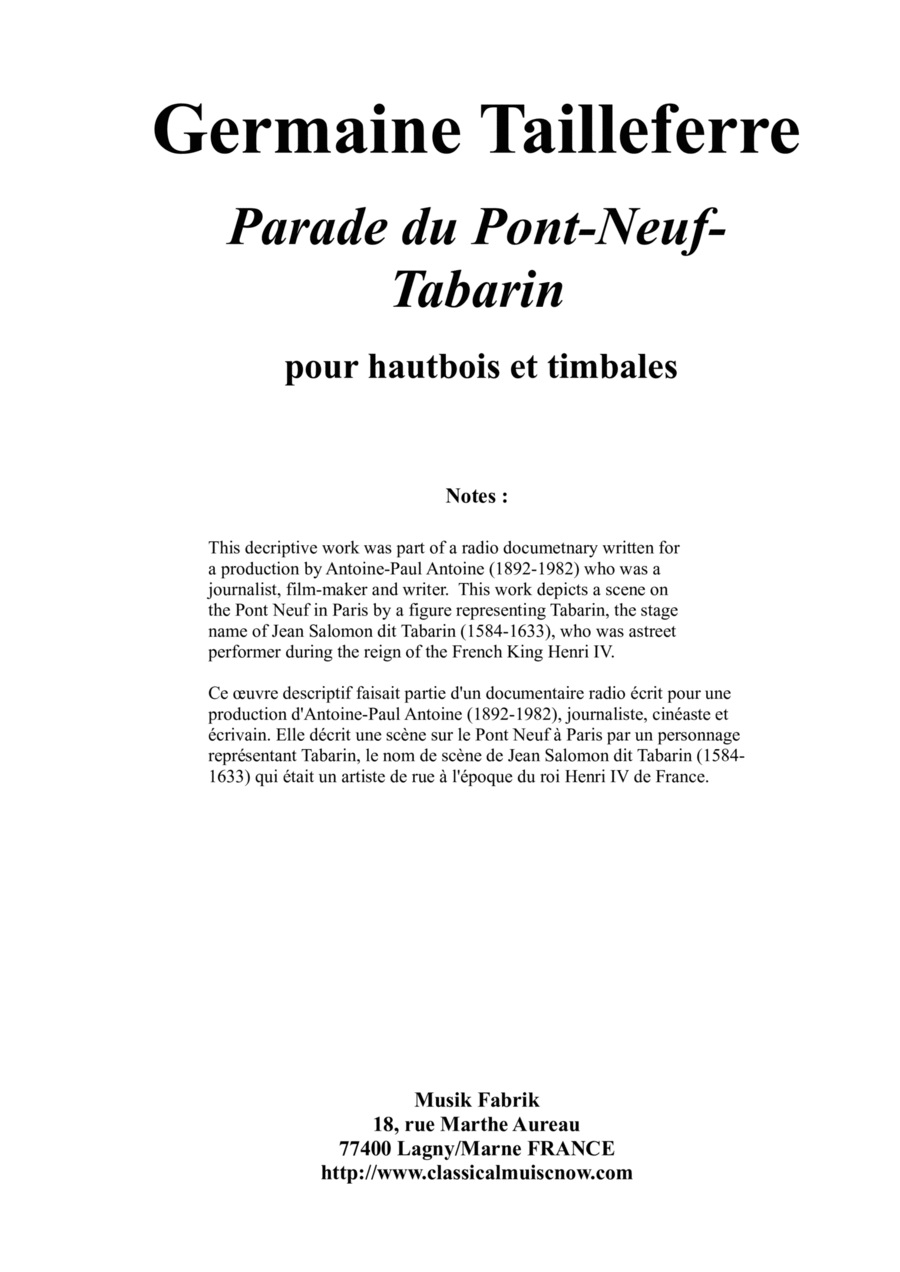 Germaine Tailleferre : Parade sur le Pont-Neuf : Tabarin for oboe and timpani Oboe scores gallery preview page 1