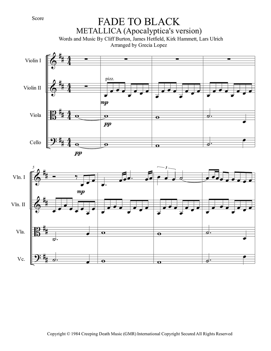 Fade To Black Fade To Black String Quartet scores gallery preview page 1