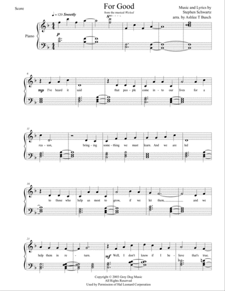 For Good from Wicked for Piano image number null