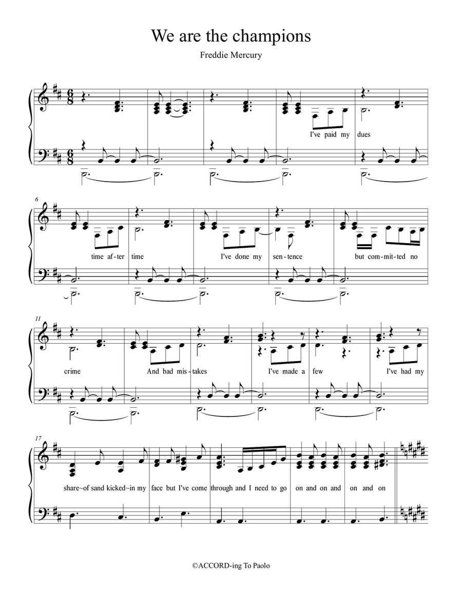 We Are The Champions Piano Solo scores gallery preview page 1