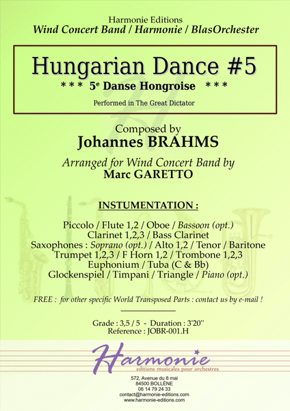 Hungarian Dance n°5 - Danse Hongroise // Johannes BRAHMS for Wind Concert Band image number null