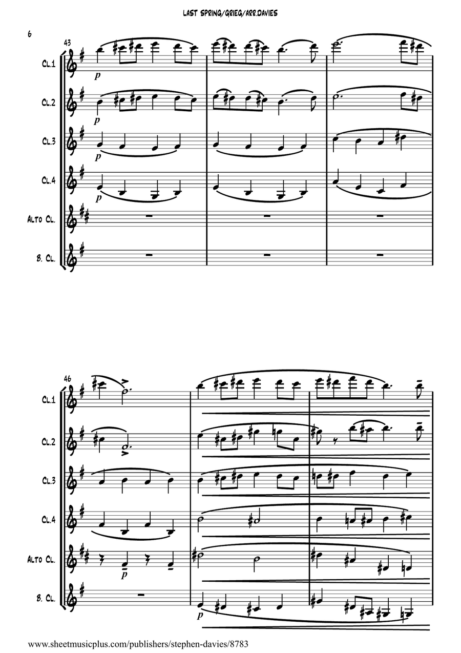 'Last Spring' by Edvard Grieg for Clarinet Sextet. Woodwind Ensemble scores gallery preview page 6
