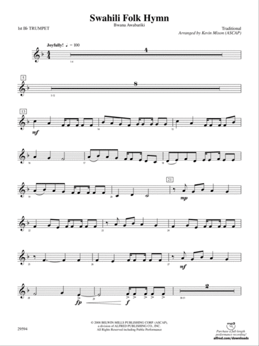 Swahili Folk Hymn (Bwana Awabariki): 1st B-flat Trumpet Concert Band scores gallery preview page 1
