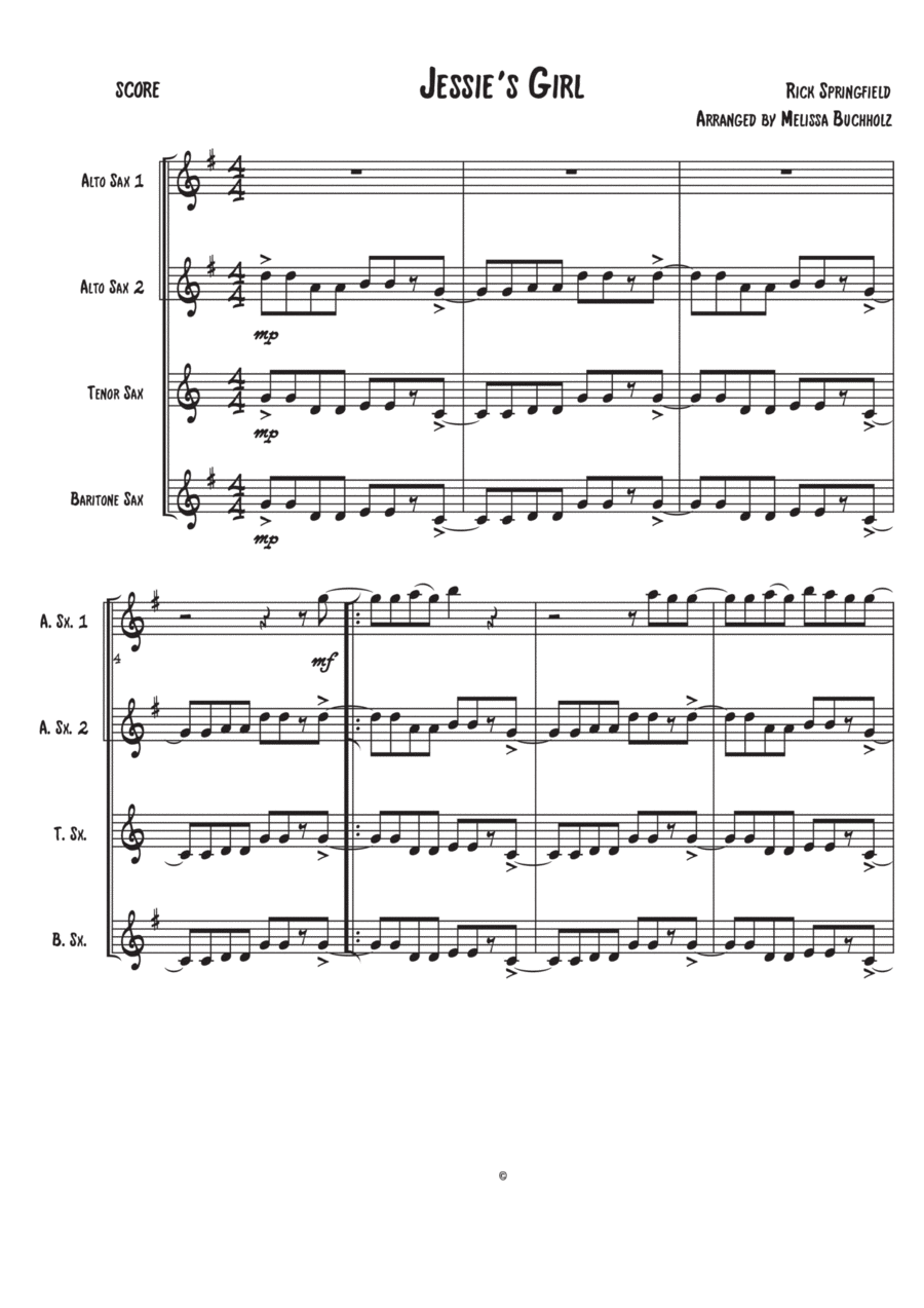 Jessie's Girl Woodwind Quartet scores gallery preview page 1