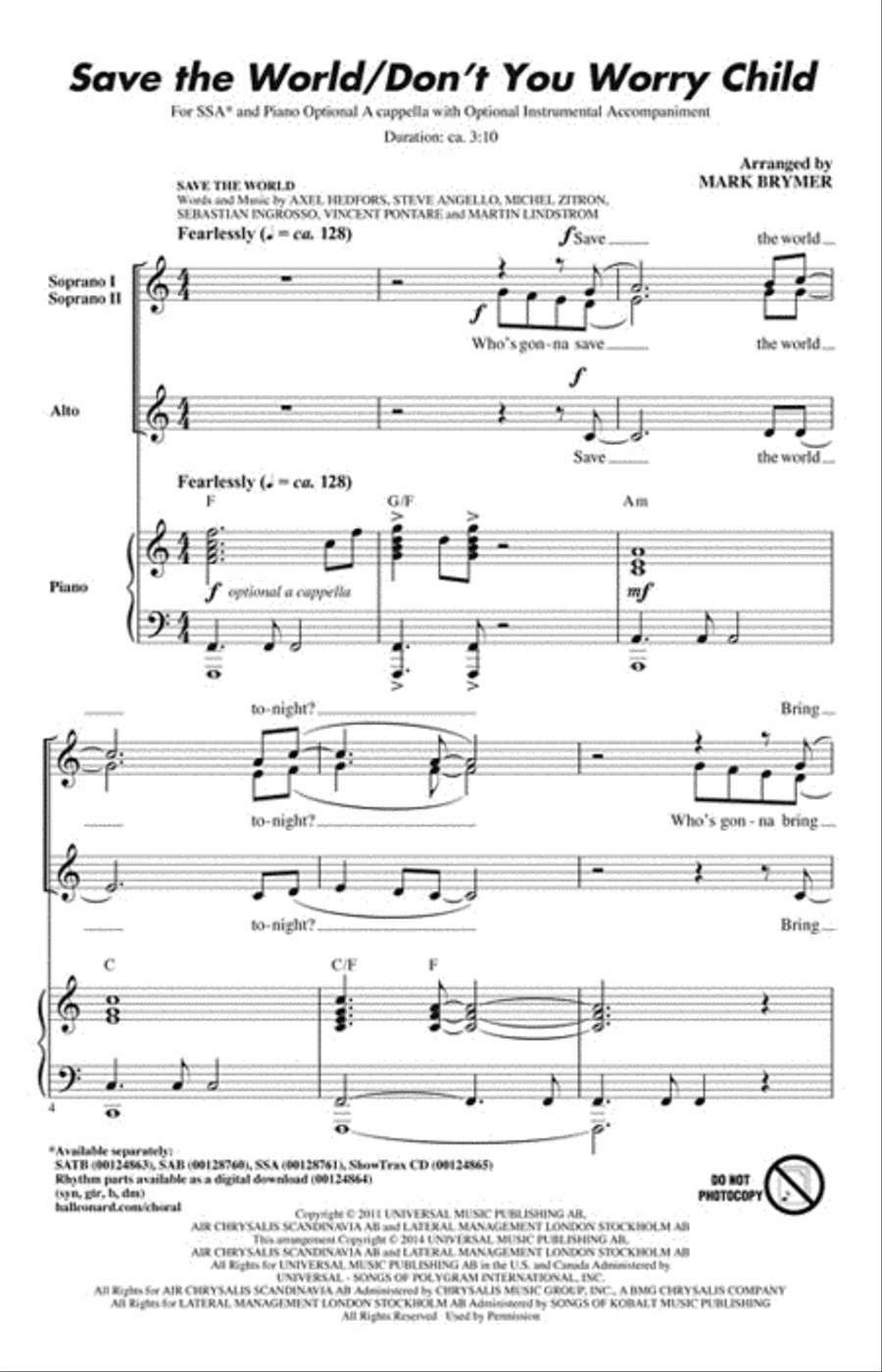 Save the World/Don't You Worry Child SSA scores gallery preview page 2