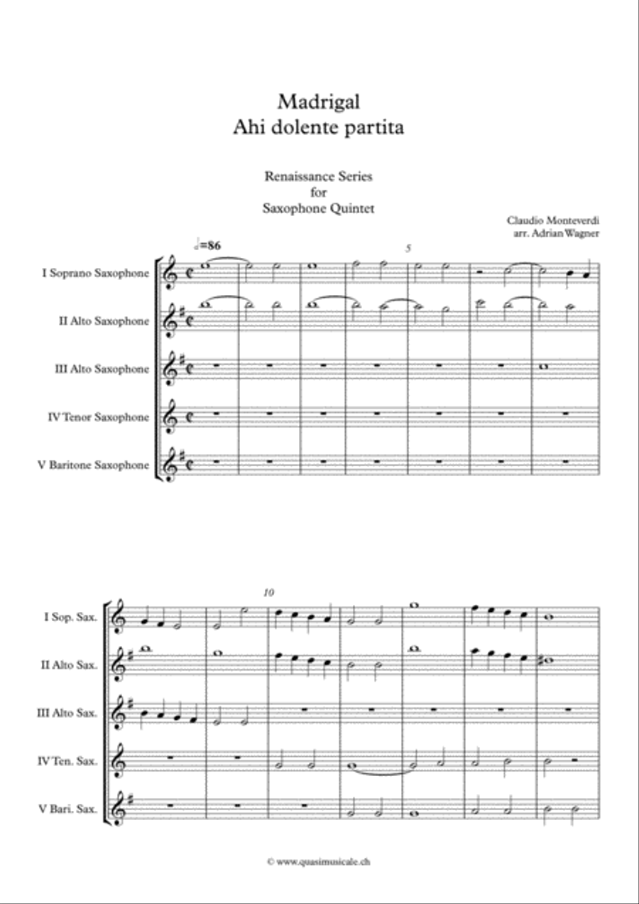 Madrigal Ahi dolente partita (Claudio Monteverdi) Saxophone Quintet arr. Adrian Wagner Saxophone Quintet scores gallery preview page 2