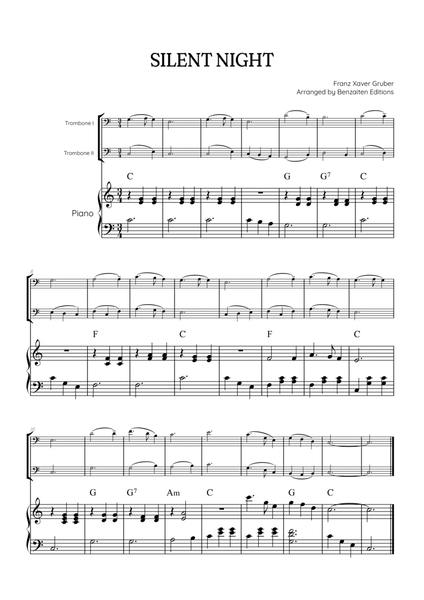 Silent Night for trombone duet with piano accompaniment • easy Christmas song sheet music w/ chords image number null