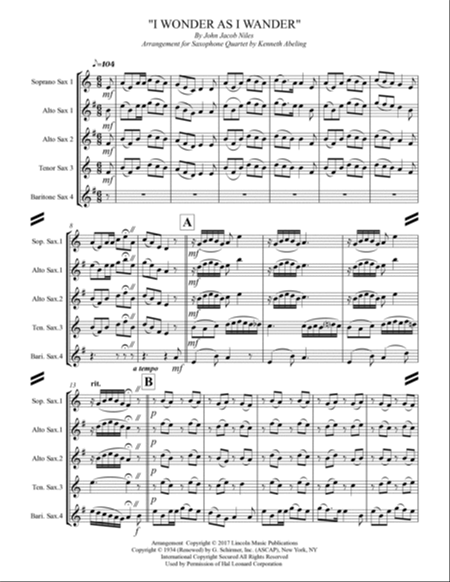 I Wonder As I Wander Saxophone Quartet scores gallery preview page 2