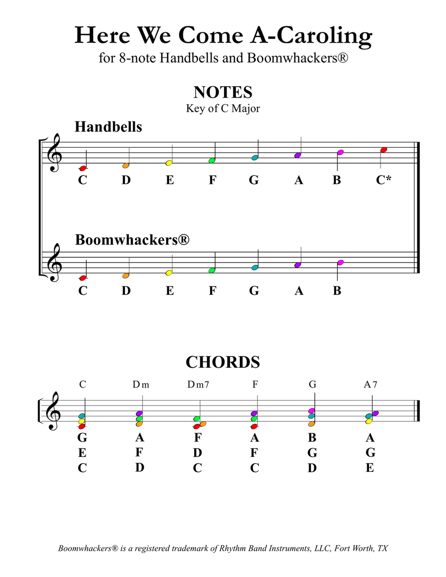Here We Come A-Caroling for 8-note Bells and Boomwhackers (with Color Coded Notes) Handbell Choir scores gallery preview page 3