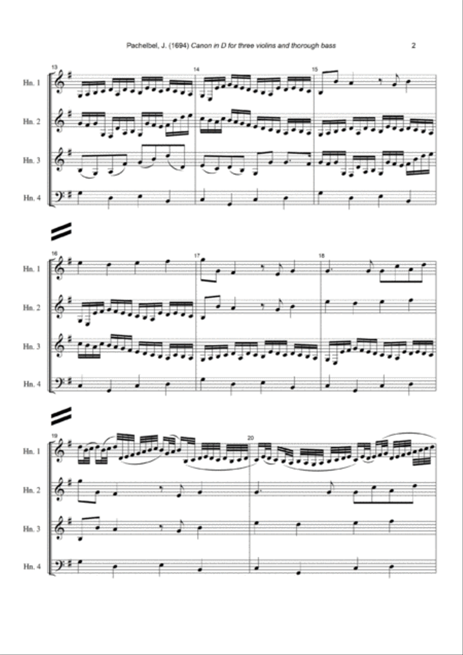 J. Pachelbel - Canon in D-dur, arr. for Horn Quartet (or 3 Horns & Bass Instrument) Brass Ensemble scores gallery preview page 2