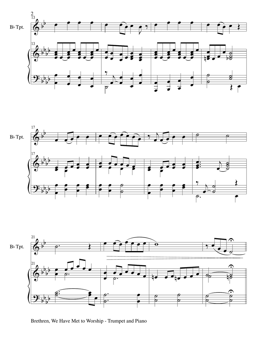 BRETHREN, WE HAVE MET TO WORSHIP (Duet – Bb Trumpet and Piano/Score and Parts) Trumpet Duet scores gallery preview page 2