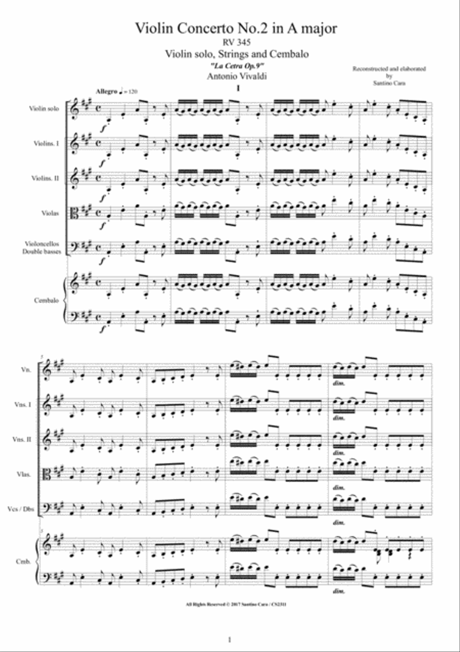Vivaldi - Violin Concerto No.2 in A major RV 345 for Violin, Strings and Cembalo Chamber Orchestra scores gallery preview page 1