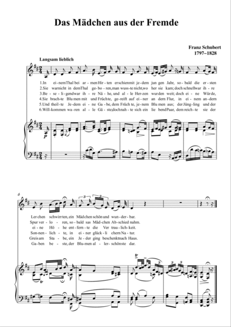 Schubert-Das Mädchen aus der Fremde in D for Vocal and Piano Voice scores gallery preview page 2