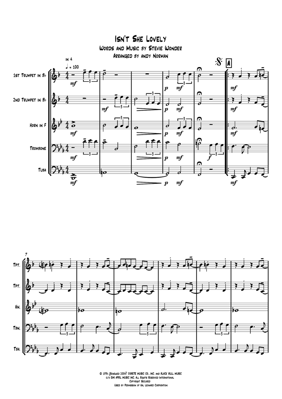 Isn't She Lovely Brass Ensemble scores gallery preview page 6