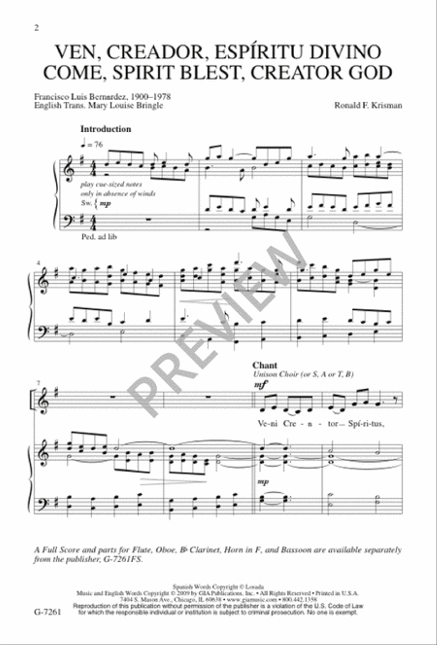 Ven, Creador, Espíritu Divino / Come, Spirit Blest, Creator God 4-Part scores gallery preview page 2