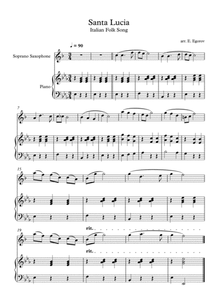Santa Lucia, Italian Folk Song, For Soprano Saxophone & Piano image number null