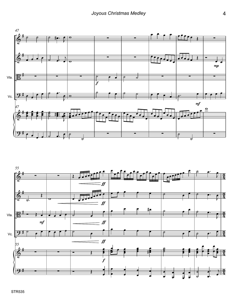 JOYOUS CHRISTMAS MEDLEY - STRING QUARTET with optional Piano (5 Carol Medley) Piano Quintet scores gallery preview page 4
