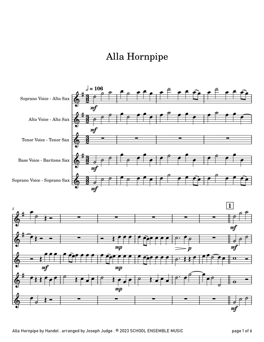 Alla Hornpipe by Handel for Saxophone Quartet in Schools Saxophone Quartet scores gallery preview page 1